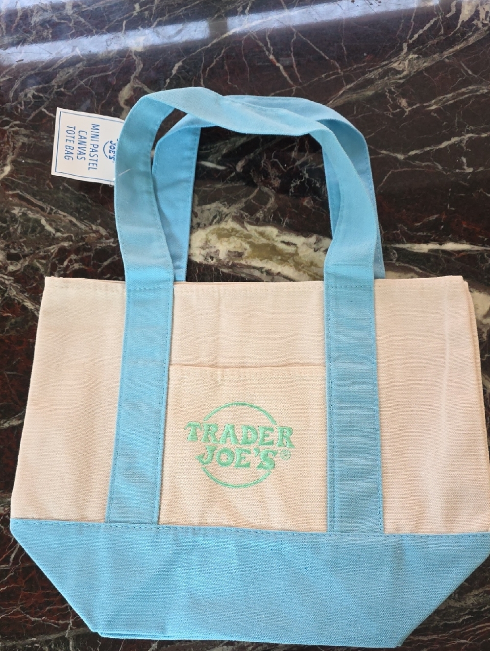Trader Joe's Beige Canvas Mini Tote with Light Blue Trim